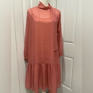 ❄️Ottod’Ame NWOT Thin Silky Polyester Neck Tie Sleeves Ruffled Hem Dress, 6
